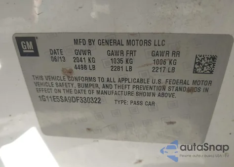 2013 Chevrolet Malibu 2Lt from USA, damaged, VIN 1G11E5SA9DF330322